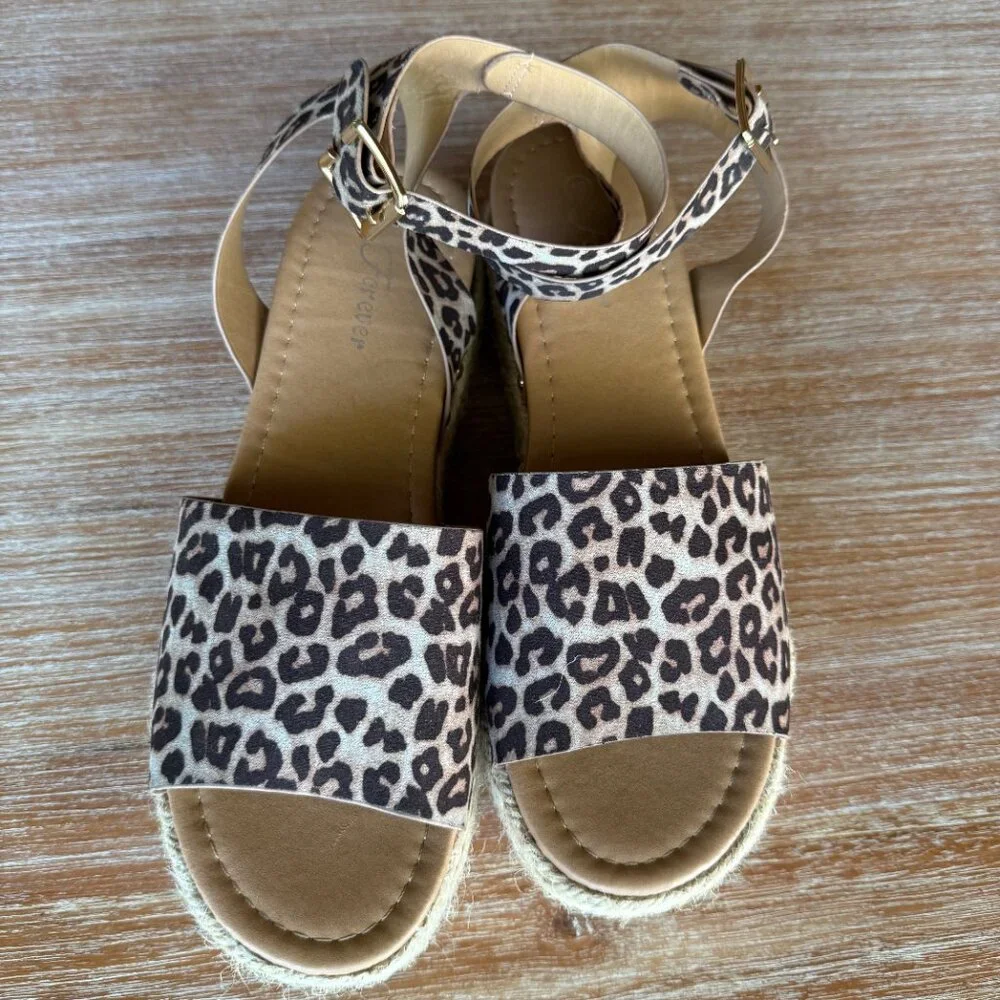 Forever Leopard Print Open‎ Toe Ankle Strap Espadrille Size 10